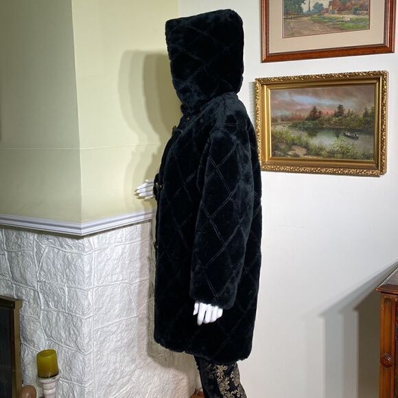 Hooded Black Textured Faux Fur Classic Duffle Coat - Picture 7 of 11